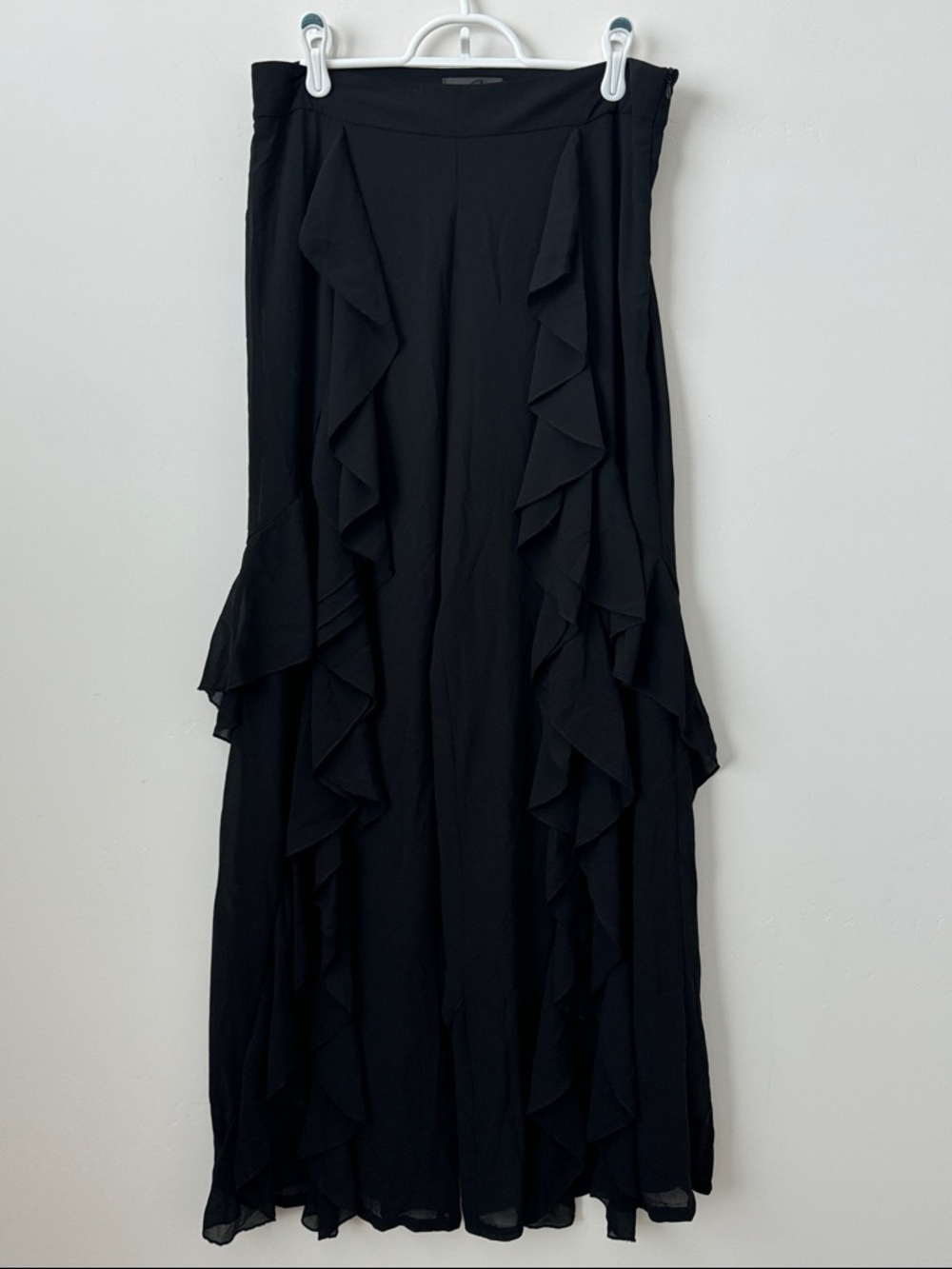 Gracia Black Boho Style Wide Leg Ruffle Pants Size: L